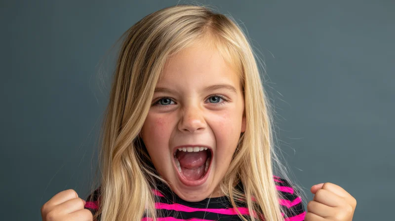 Young girl with long straight blonde hair shouting excitedly in studio portrait