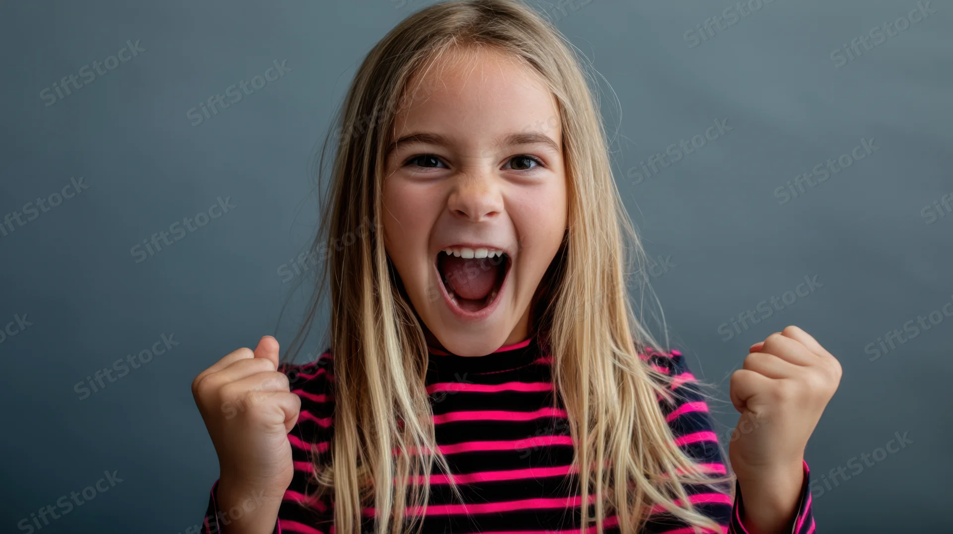 Young girl with long straight blonde hair shouting excitedly with clenched fists raised in celebration against a plain background