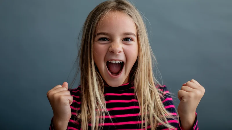 Young girl with long straight blonde hair shouting excitedly with clenched fists raised in celebration against a plain background