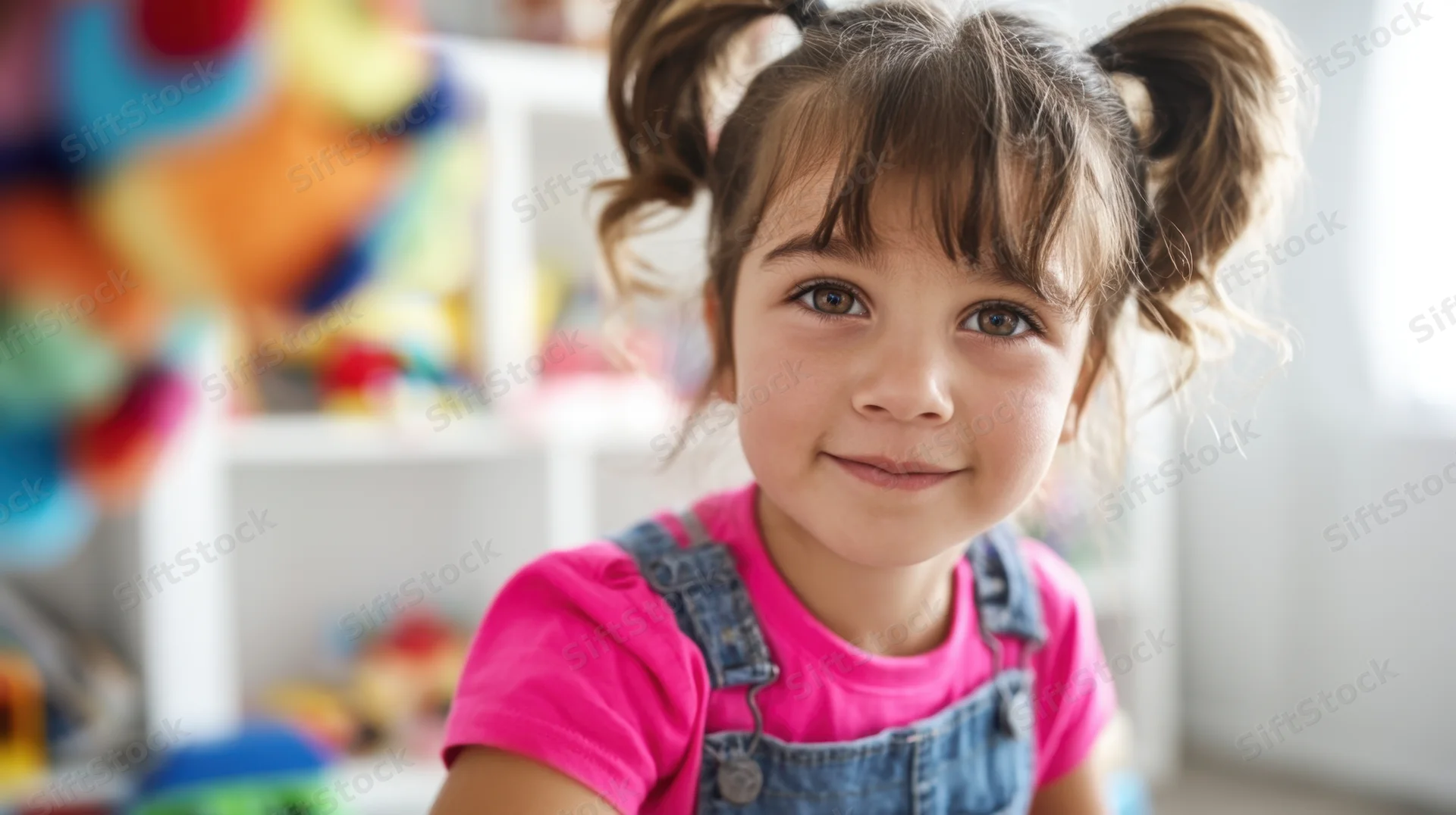 Young girl with pigtails smiling in a playroom with toys on shelves behind her