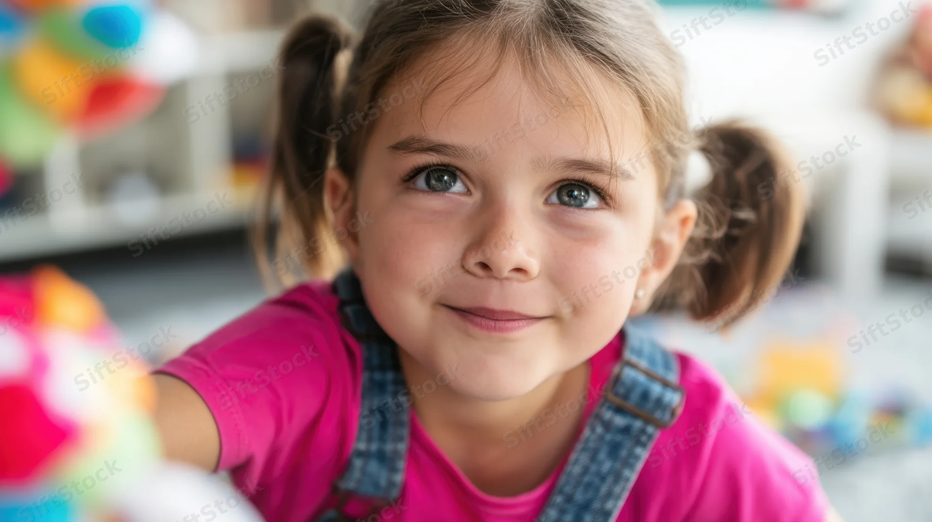 Young girl with pigtails smiling in a playroom filled with colorful toys
