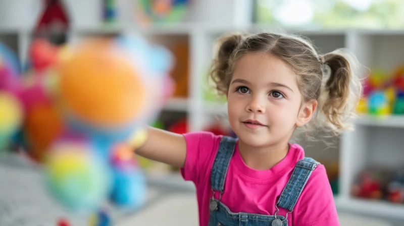 Young girl with pigtails reaching for a colorful toy in a playroom