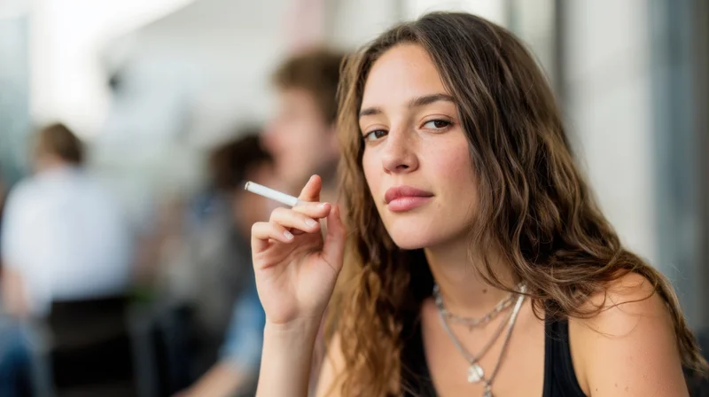 Young woman casually smoking a cigarette in a cafe setting