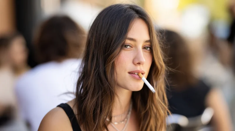 Young woman smoking a cigarette outdoors in a casual urban setting