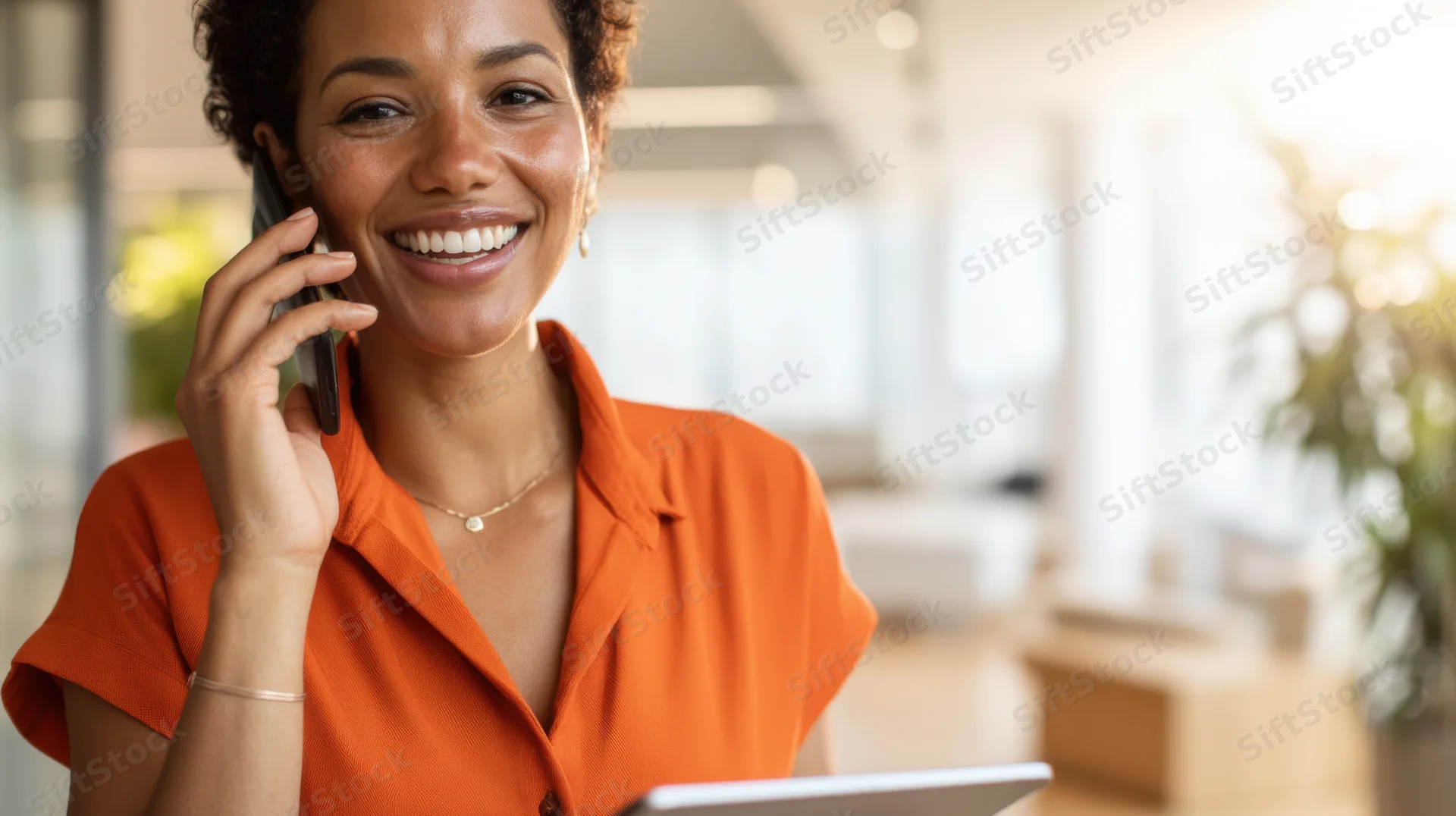 Smiling woman on phone call holding tablet in bright office interior