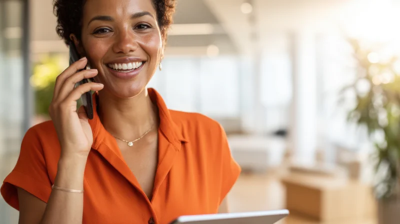 Smiling woman on phone call holding tablet in bright office interior