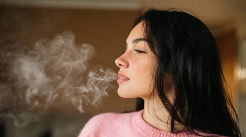 Young woman exhaling vapor from an e-cigarette in profile view indoors wearing a pink sweater