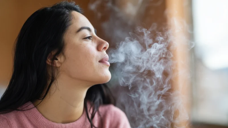 Young woman exhaling smoke in profile view indoors with soft natural light and blurred background