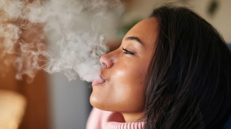 Young woman exhaling vapor while wearing a pink sweater indoors