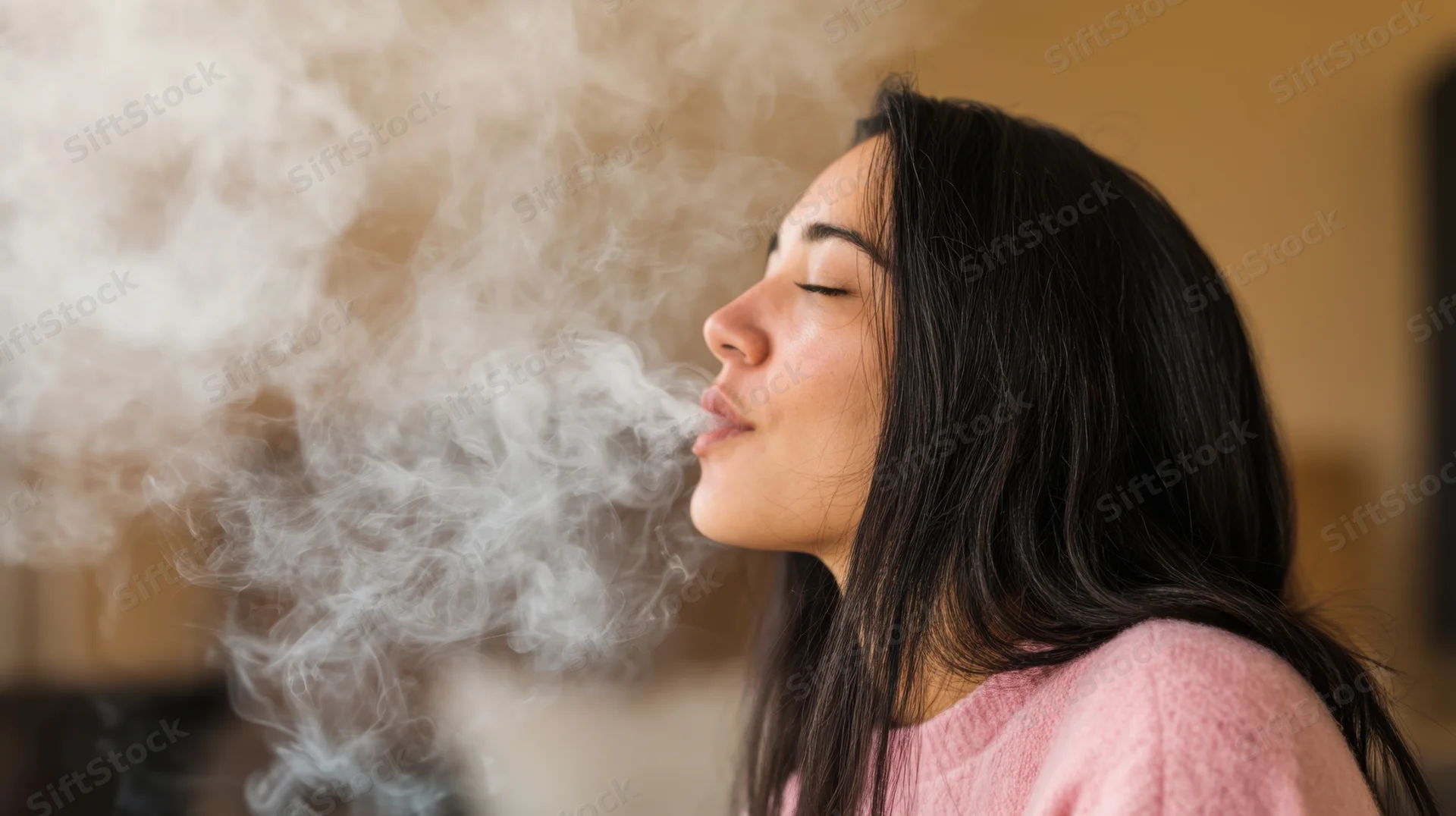 Young woman exhaling vapor in profile indoors wearing pink sweater