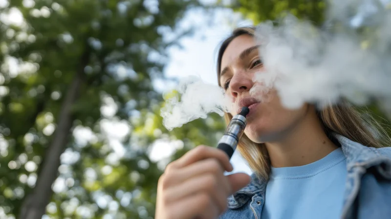 Young woman exhaling vapor from a vape device in a park setting