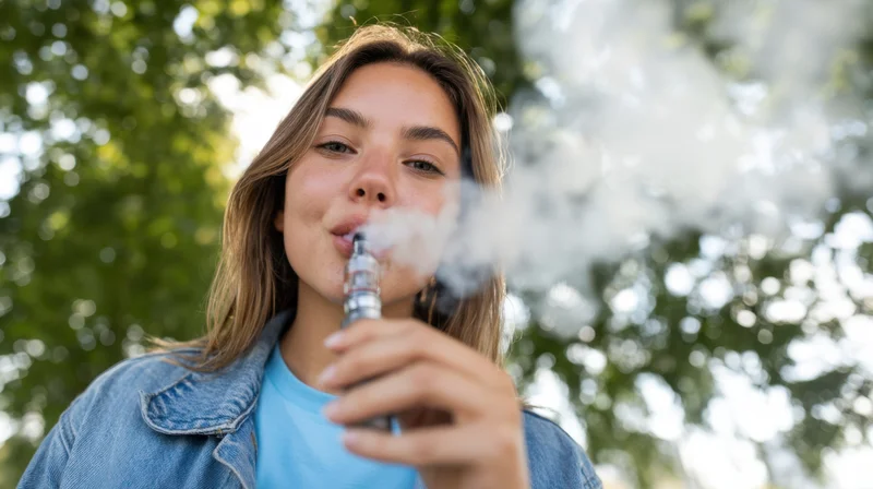 Young woman exhaling vapor from a vape device outdoors in a park setting