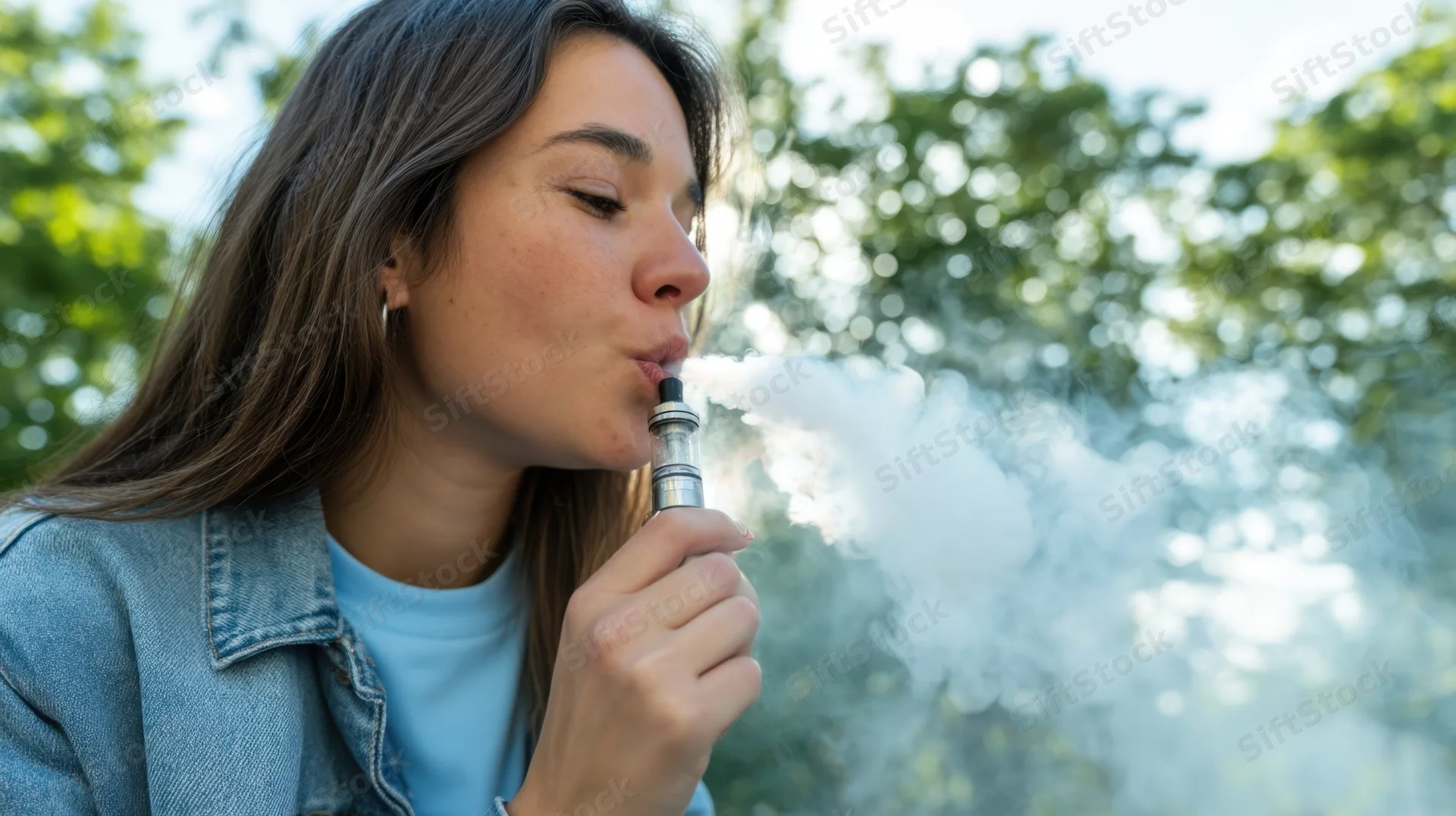 Young woman exhaling vapor from a vape device outdoors among trees