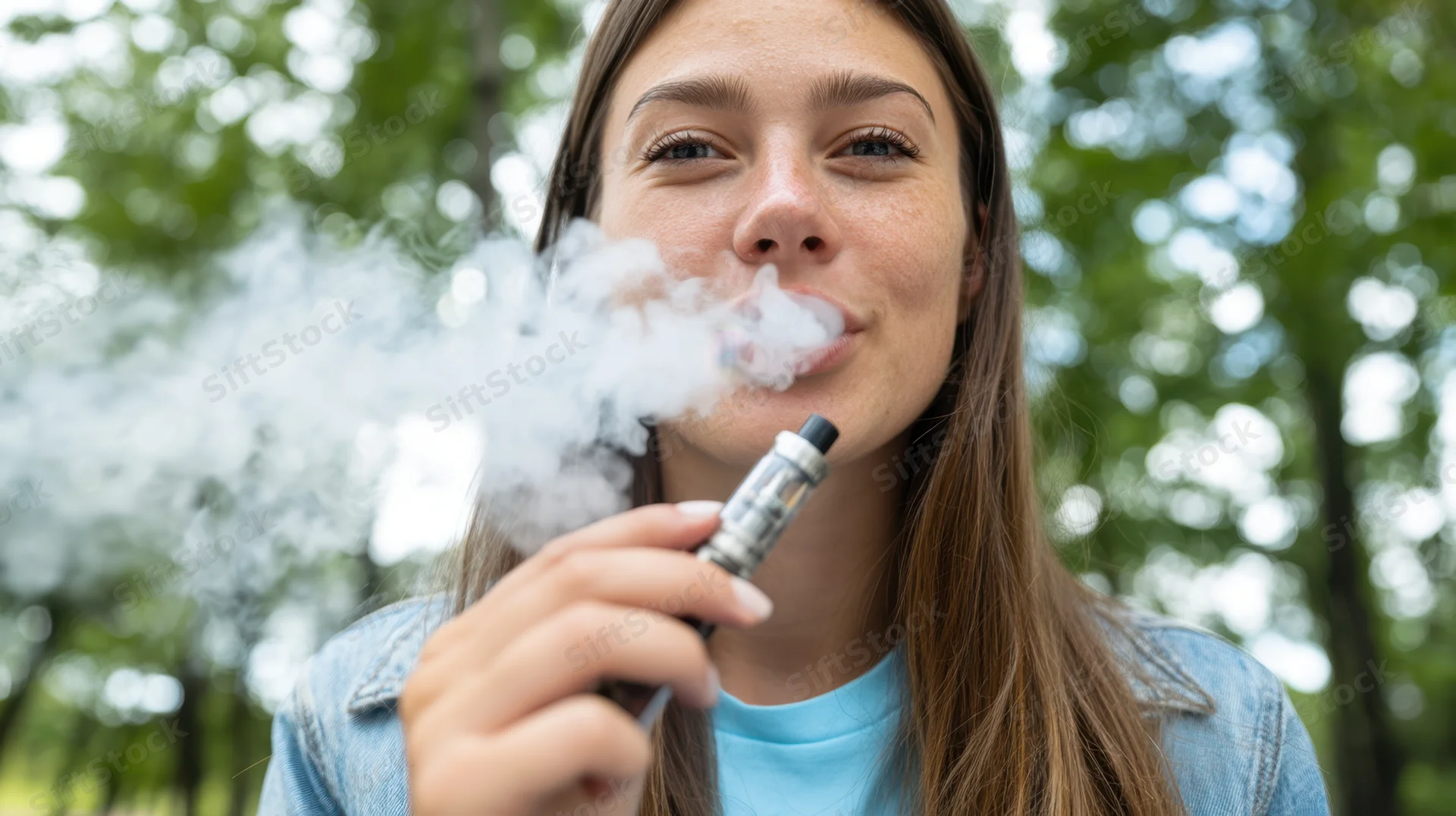 Young woman exhaling vapor from a vape device outdoors in a park