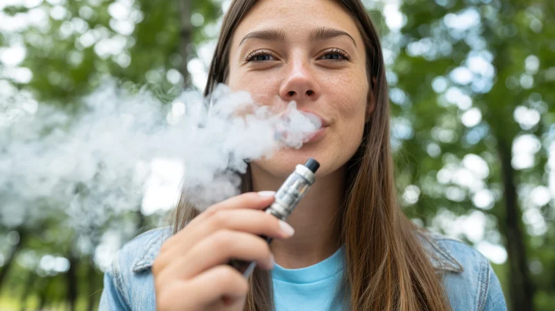 Young woman exhaling vapor from a vape device outdoors in a park
