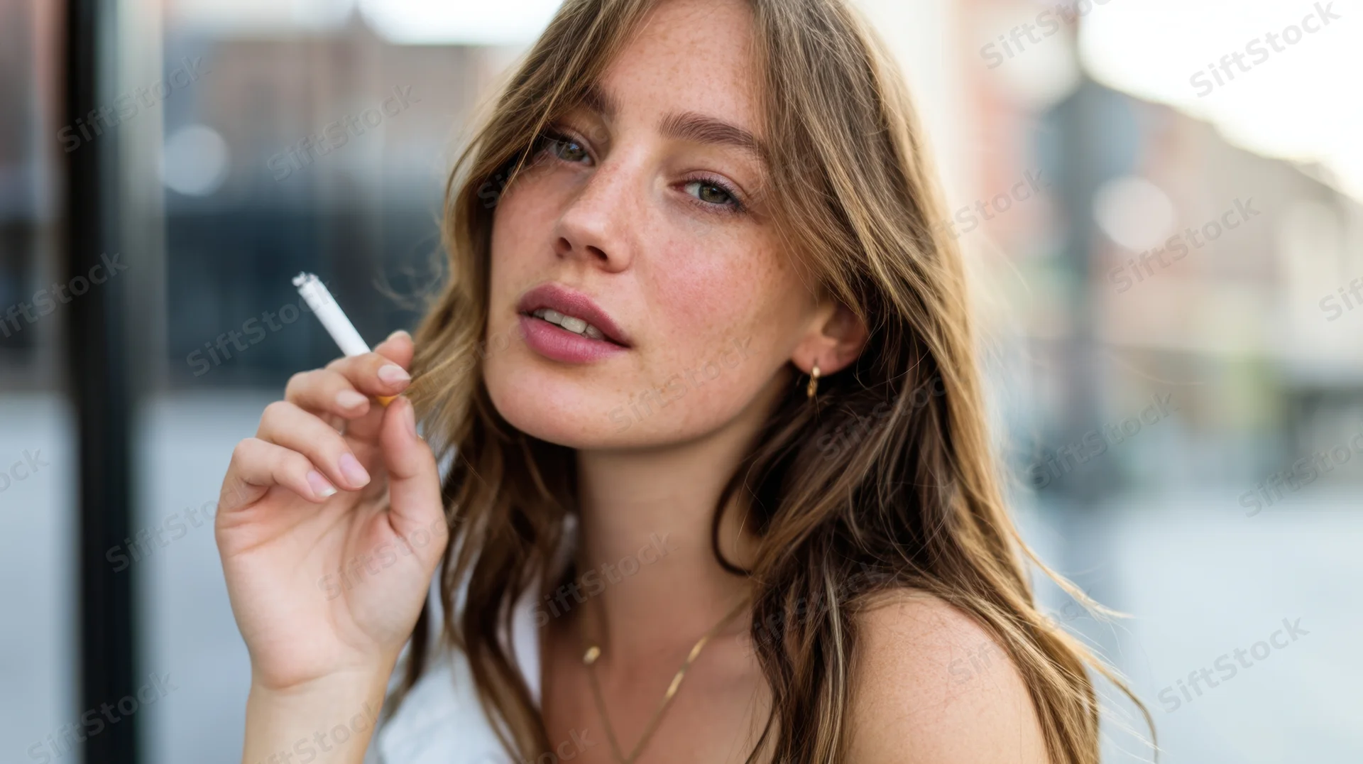 Young woman holding cigarette between fingers outdoors in urban setting