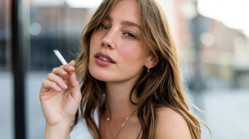 Young woman holding cigarette between fingers outdoors in urban setting