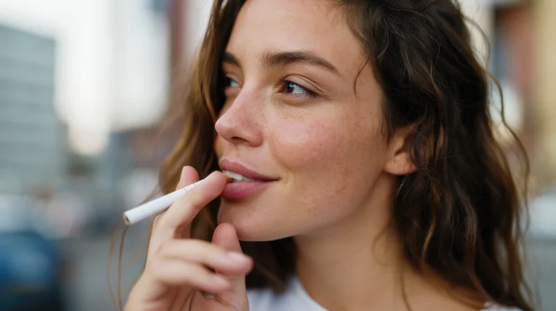 Young woman smoking a cigarette outdoors on a city street