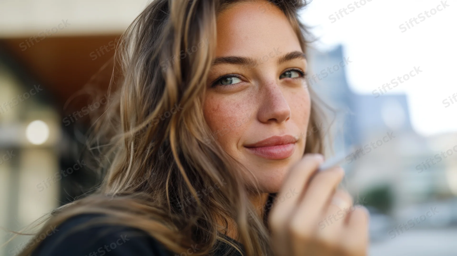 Young woman smiling while holding a cigarette outdoors in an urban setting