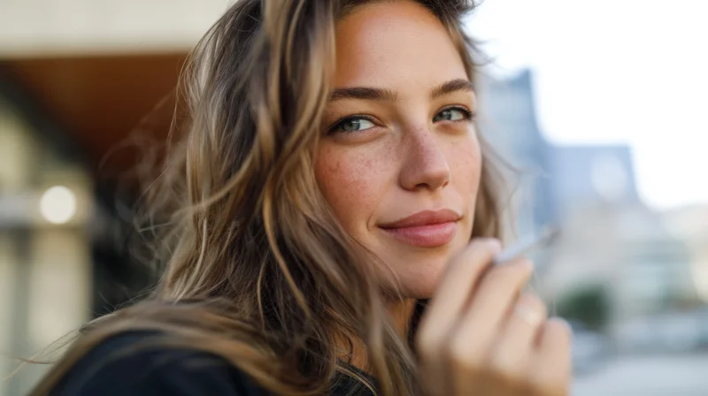 Young woman smiling while holding a cigarette outdoors in an urban setting