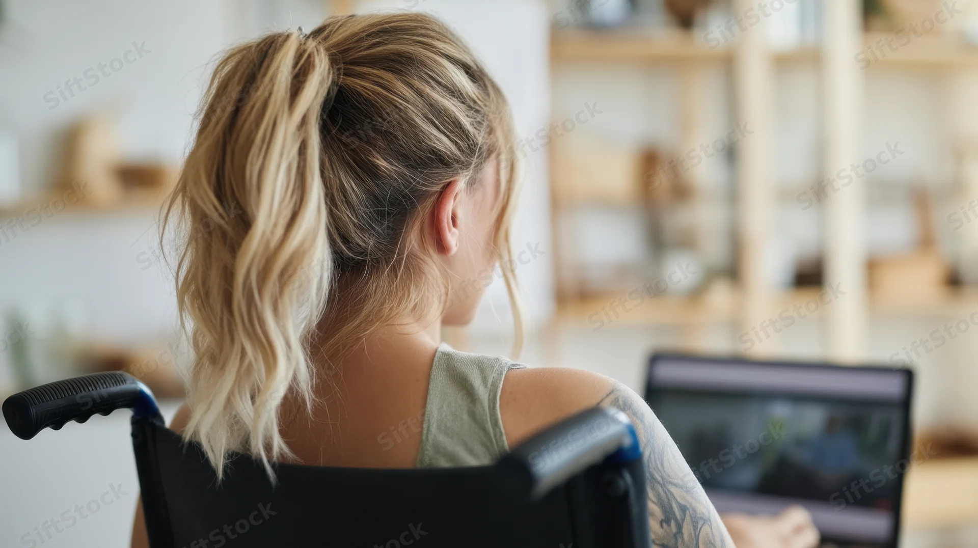 Woman in wheelchair using laptop for video call in home office setting