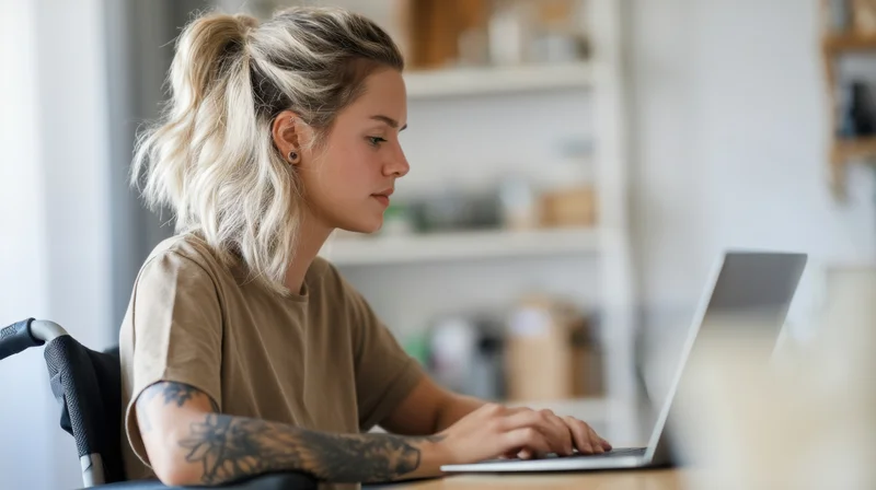 Young woman in modern wheelchair typing on laptop at home office desk