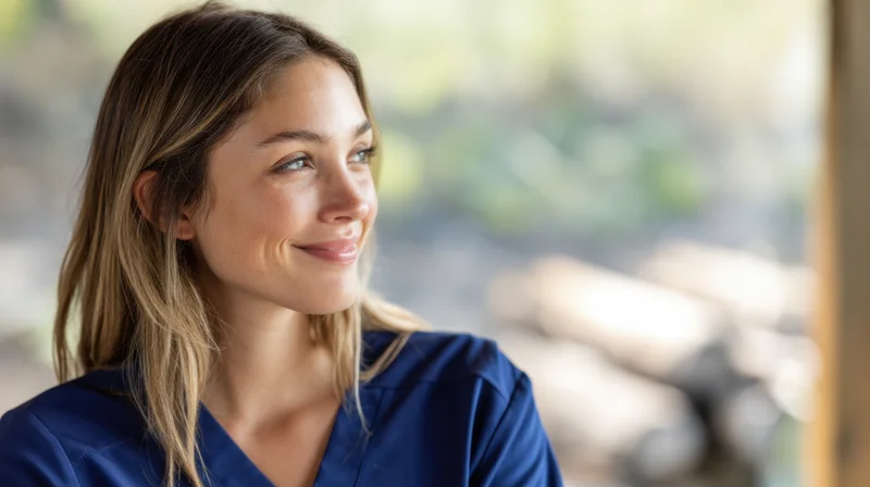 Young woman in navy blue scrub top smiling gently indoors with blurred background