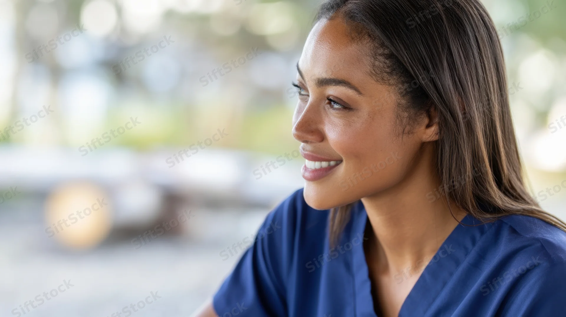 Young woman in navy blue scrubs smiling gently while seated indoors with blurred background