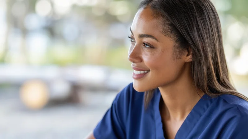 Young woman in navy blue scrubs smiling gently while seated indoors with blurred background