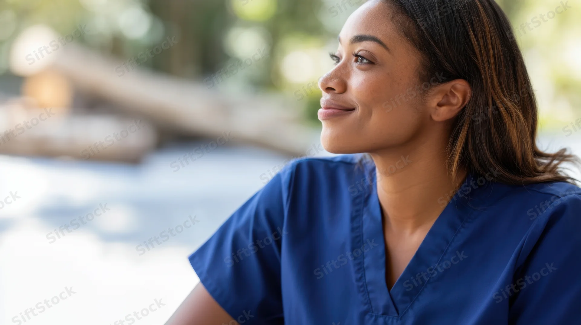 Young black woman in navy blue scrubs smiling gently outdoors in natural light