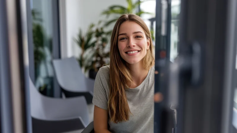 Young woman in wheelchair smiling as she opens a sliding door in an office interior