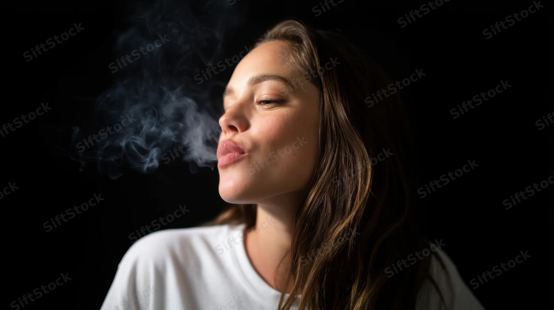 Young woman in profile exhaling smoke against dark background wearing white t-shirt