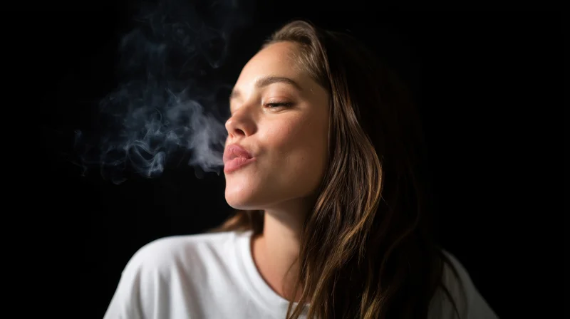 Young woman in profile exhaling smoke against dark background wearing white t-shirt