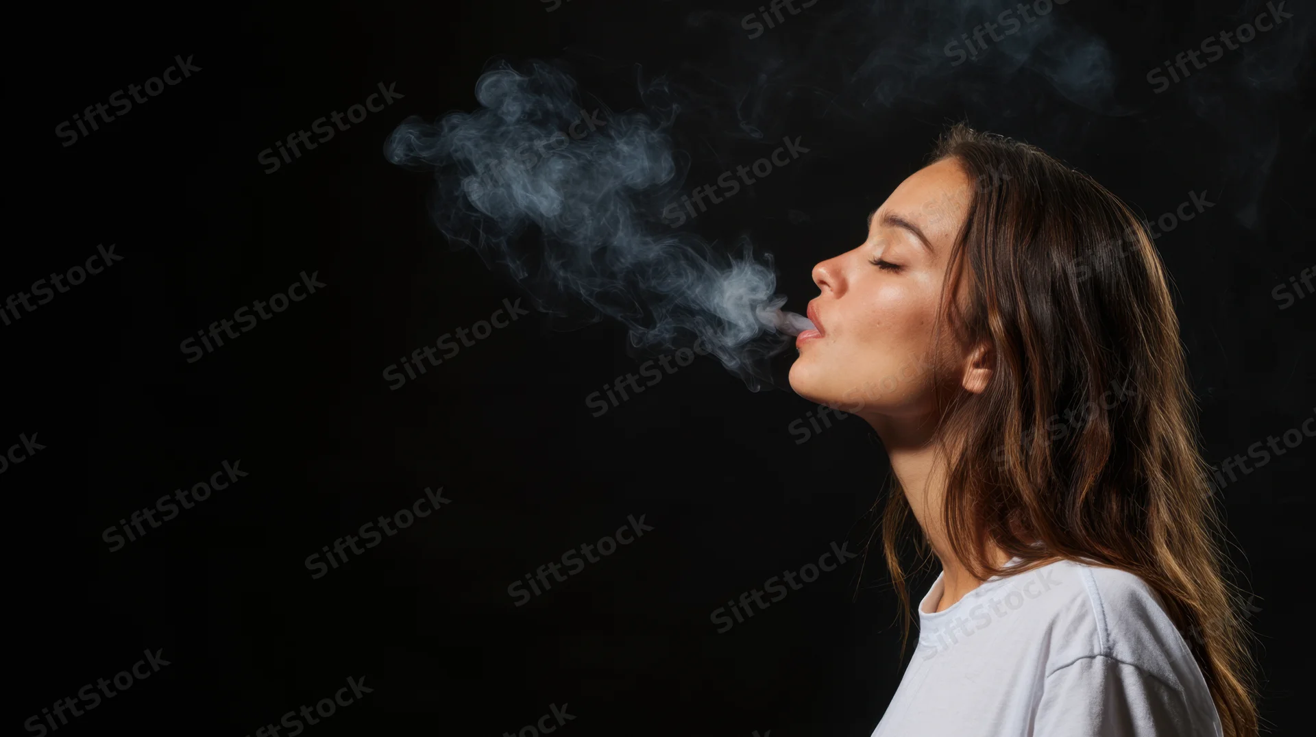 Young woman in profile exhaling smoke from a vape device against black background