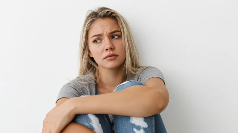 Young woman sitting against a plain white wall with a worried expression, arms wrapped around her knees
