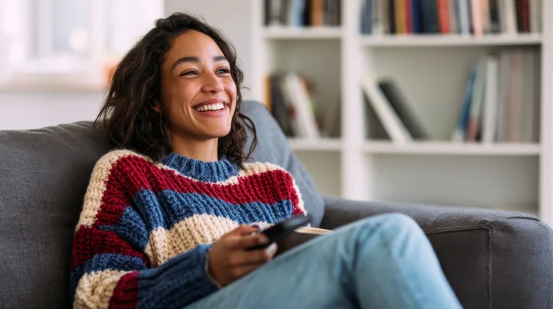 Young woman laughing while sitting crosslegged on a gray sofa holding a remote in a cozy living room with bookshelf in background