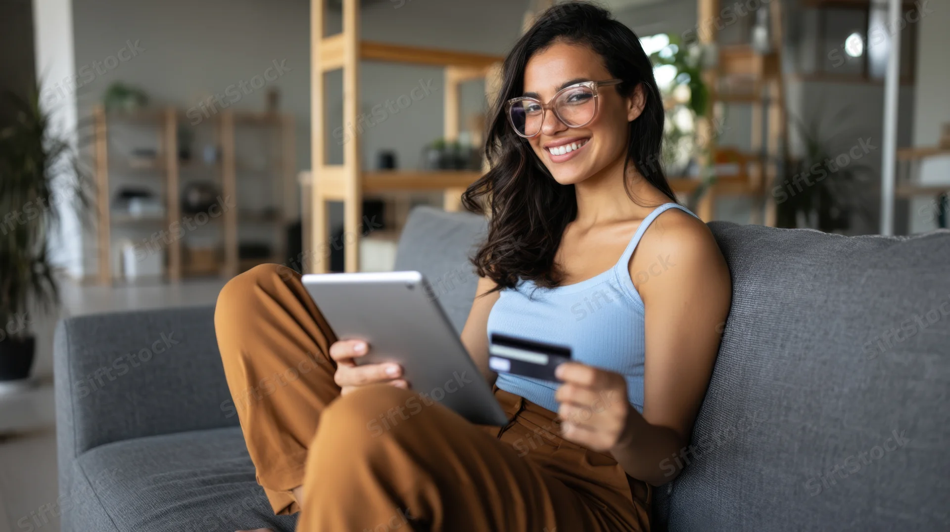 Young woman smiling while holding tablet and credit card on gray sofa in living room