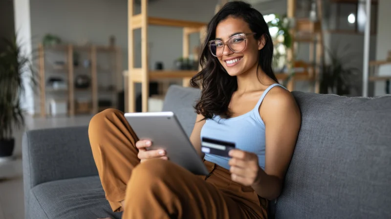 Young woman smiling while holding tablet and credit card on gray sofa in living room