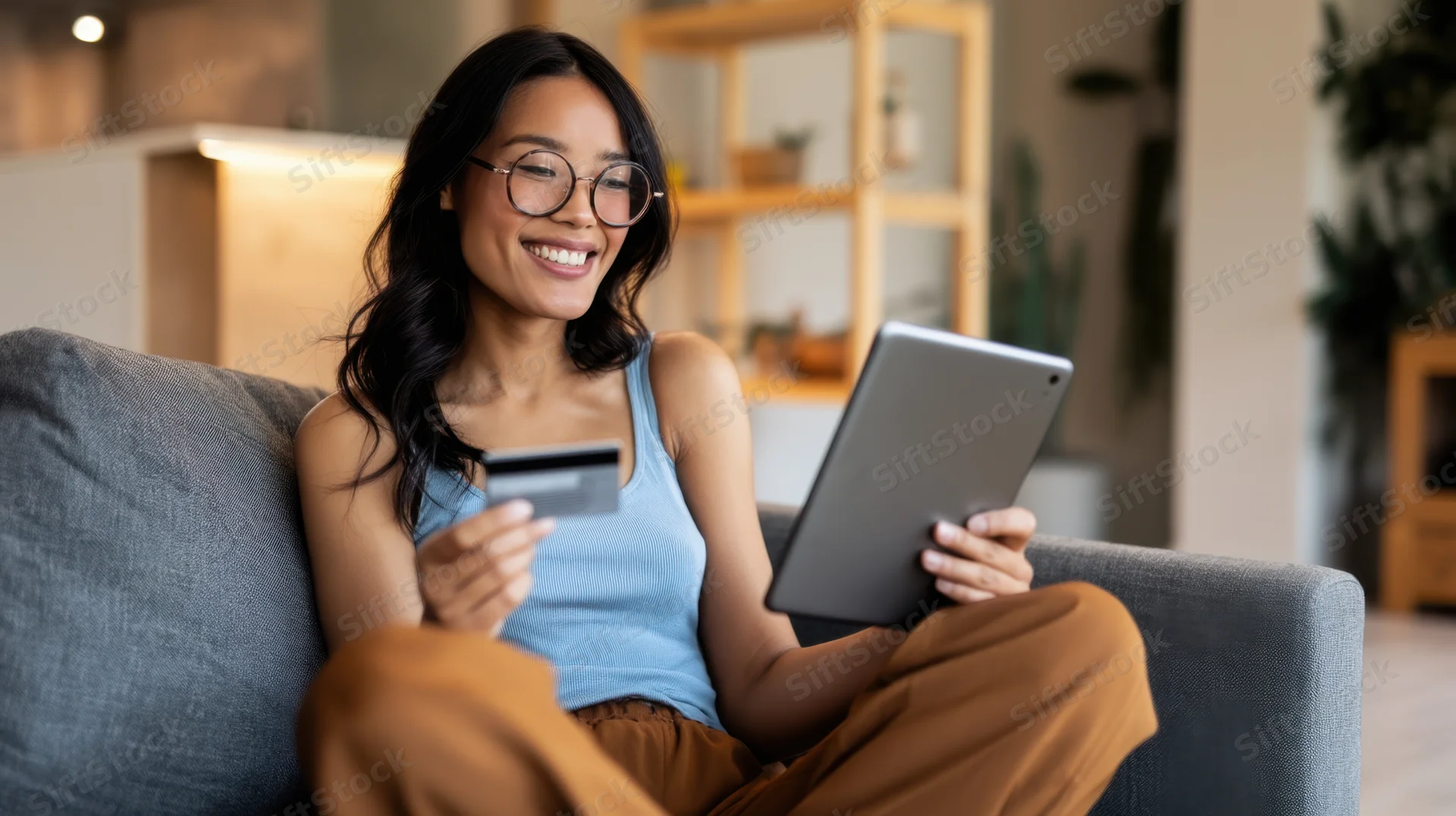 Young asian woman smiling while shopping online with tablet and credit card on gray sofa in living room