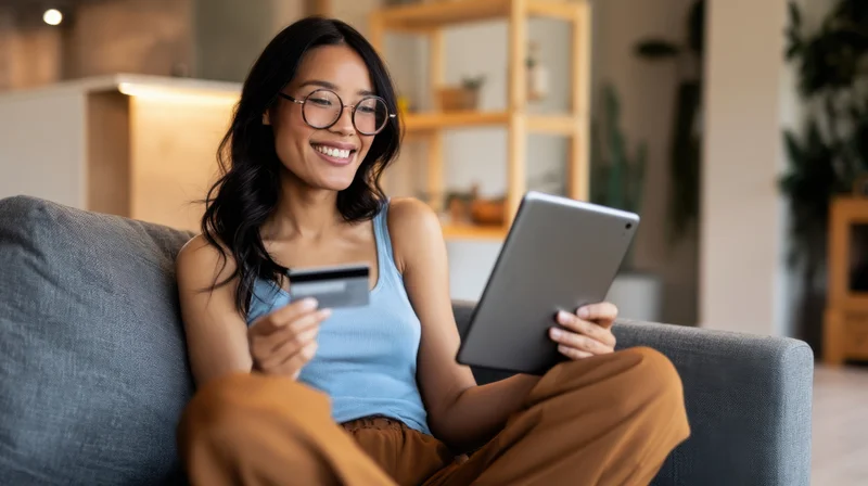 Young asian woman smiling while shopping online with tablet and credit card on gray sofa in living room