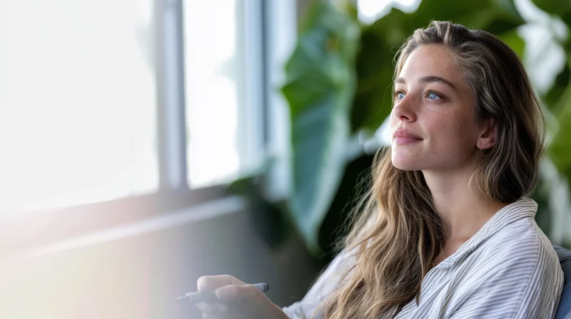 Young woman sitting in bright airy room holding pen and looking thoughtfully out window