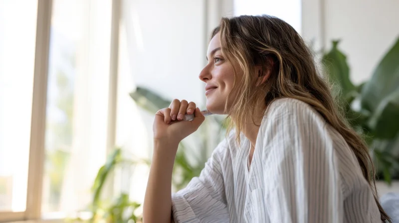 Young woman sitting by a window holding a pen and smiling while thinking