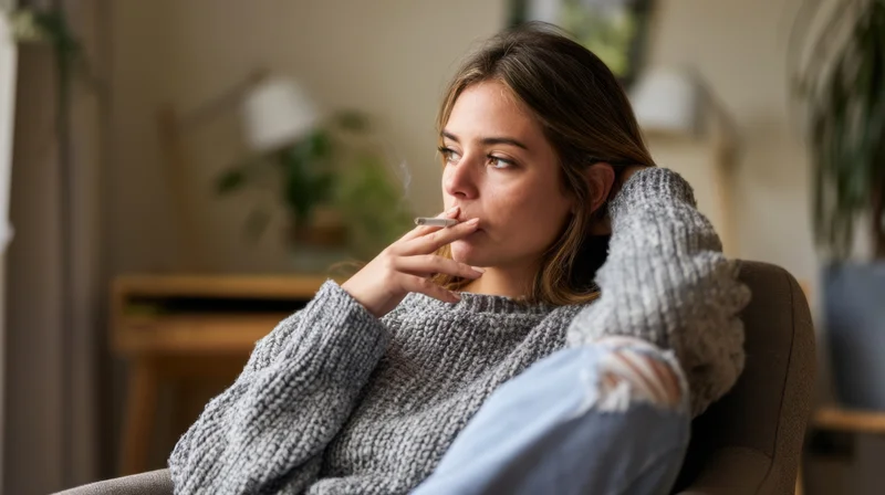 Young woman smoking a cigarette while sitting in a cozy armchair at home