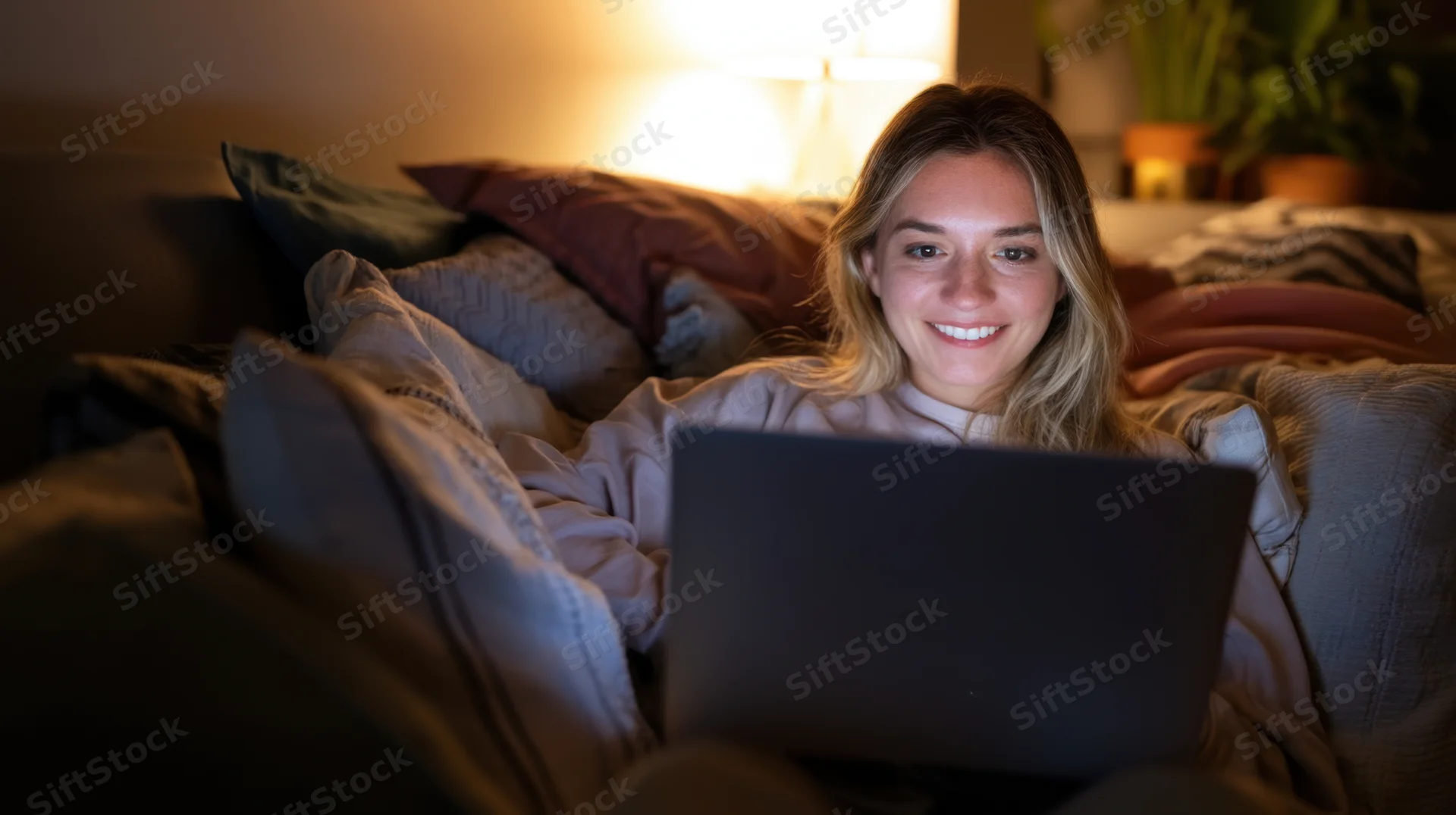 Young woman smiling while using laptop on cozy couch at home