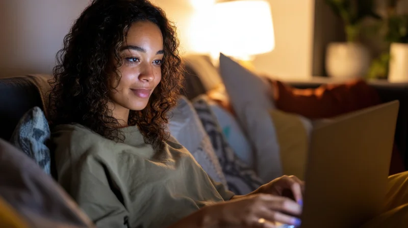 Young woman working on laptop while sitting on cozy couch at home