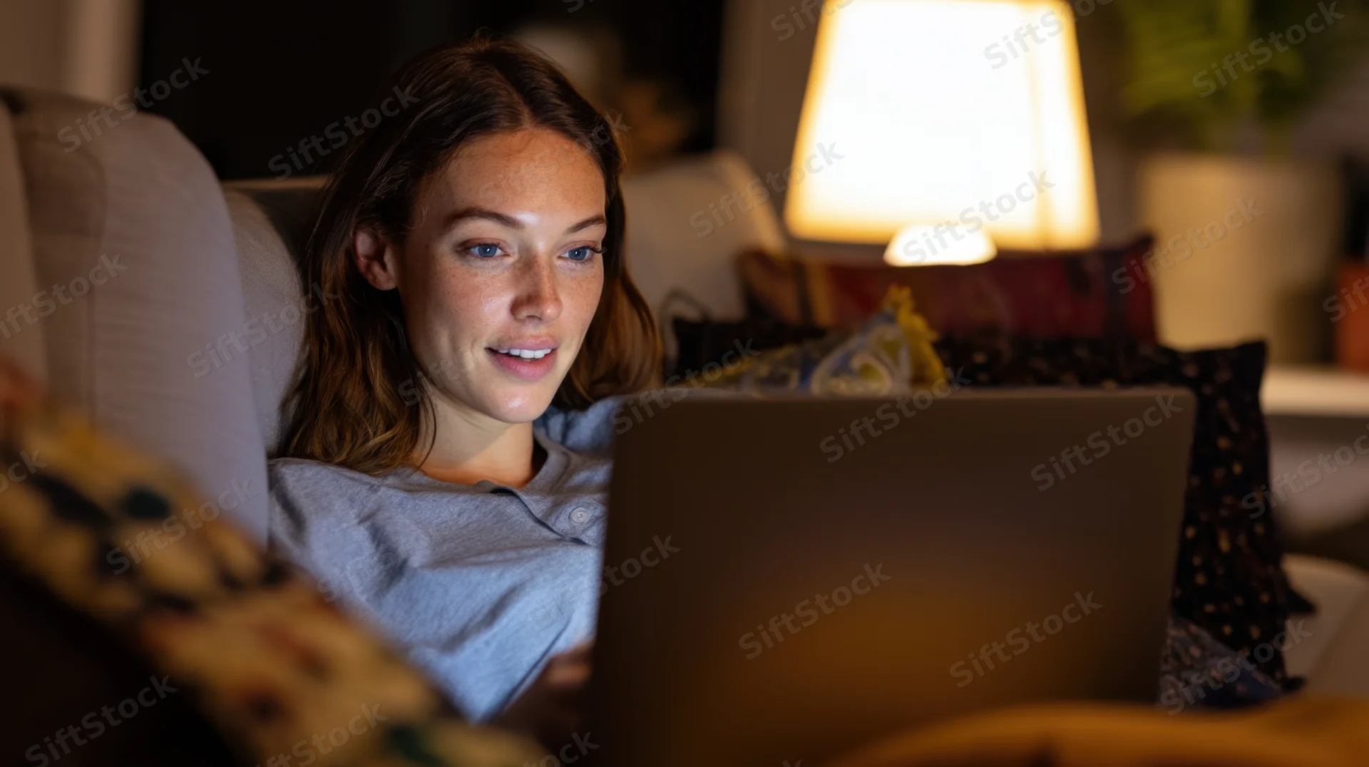 Young woman working on laptop while sitting on cozy couch at home