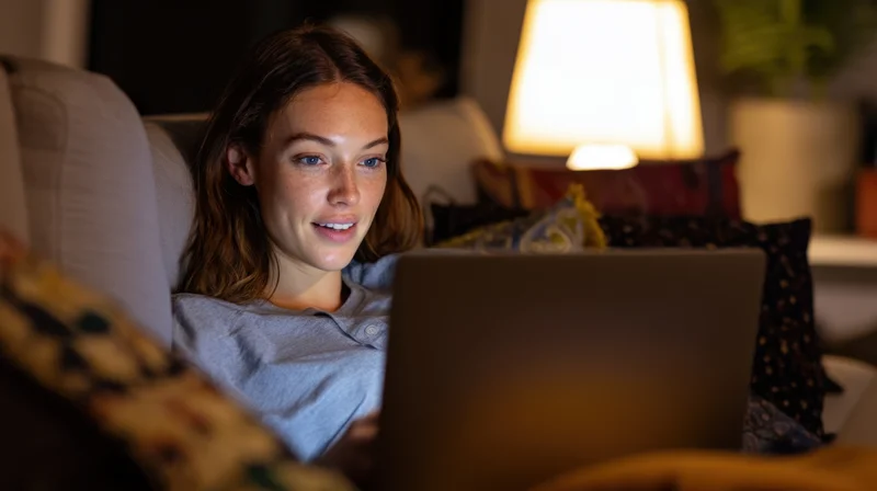 Young woman working on laptop while sitting on cozy couch at home