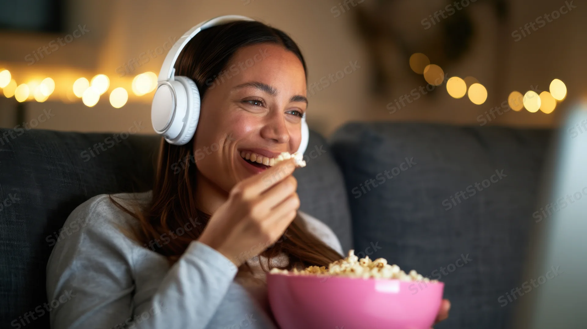 Young woman laughing while eating popcorn on a couch with headphones on during evening home entertainment