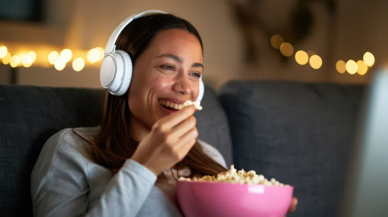 Young woman laughing while eating popcorn on a couch with headphones on during evening home entertainment