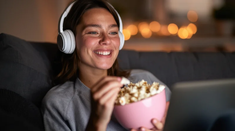 Young woman smiling while eating popcorn and wearing headphones on a couch with a laptop
